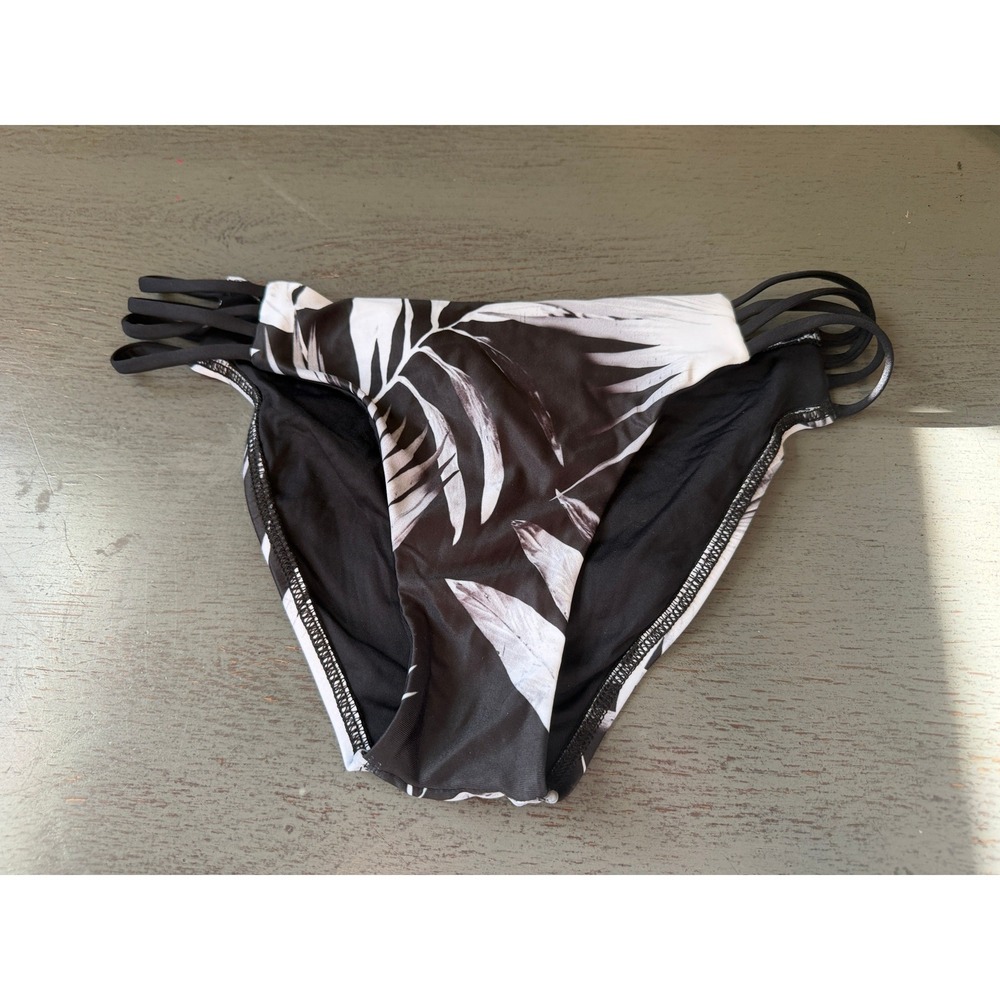 L Space Black White Palm Print Strappy Bikini Bottom Full Cut Small